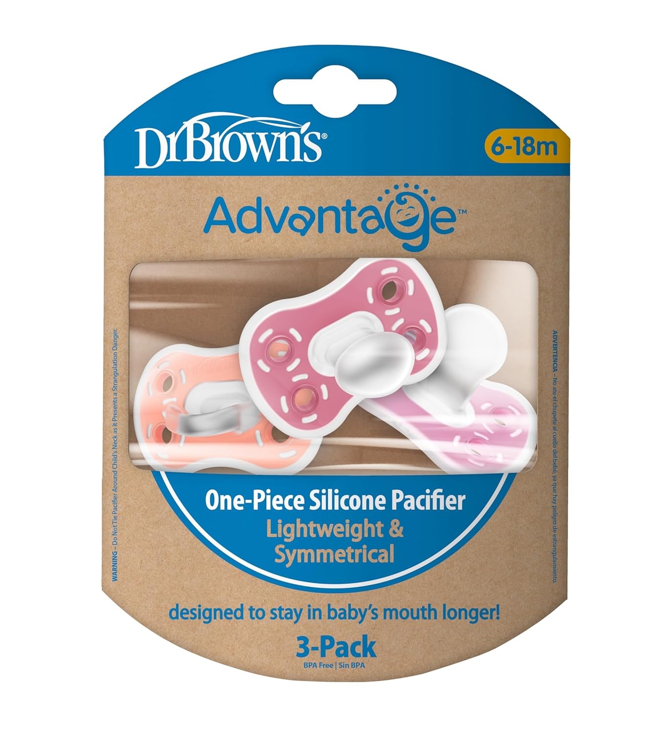 image:imageDr Browns Advantage OnePiece Silicone Baby Pacifier Fully Symmetrical Soother CoralLight PinkPink 618m BPA Free 3 Pack