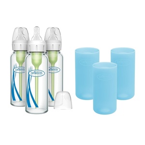 image:imageDr Browns AntiColic Options Narrow Glass Baby Bottles 4 oz120 mL with Level 1 Slow Flow Nipple 3 Pack 0m with Blue 100 Silicone Sleeves BPAFreeBlue  8 oz