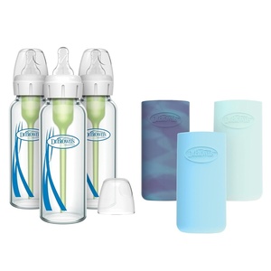 image:imageDr Browns AntiColic Options Narrow Glass Baby Bottles 4 oz120 mL with Level 1 Slow Flow Nipple 3 Pack 0m with Blue 100 Silicone Sleeves BPAFreeGlowBlueMint  8 oz