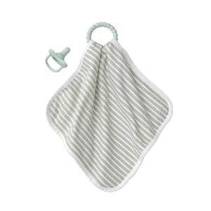 image:imageDr Browns Lovey Blanket with Teether Ring and HappyPaci 100 Silicone OnePiece Pacifier Soothing Security Blanket Set for Baby Peach Suns 0mGray Stripes