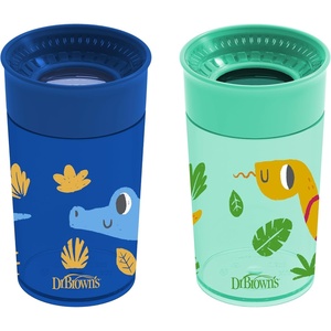 image:imageDr Browns Milestones Cheers 360 Spoutless Transition Cup with Handles Travel Friendly and Leak Free Sippy Blue Animals 7 oz200 mL BPAFree 6m 1Pack2Pack Blue  Green Animals  10 oz