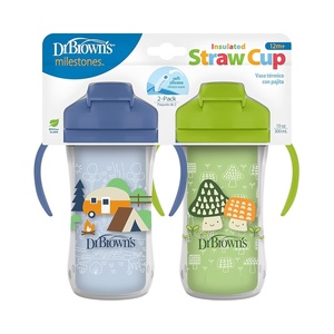 image:imageDr Browns Milestones Insulated Sippy Cup with Straw and Handles SpillProof Tumbler with Lid 2Pack Blue amp Green 10 oz300 mL BPA Free 12mBlue  Green