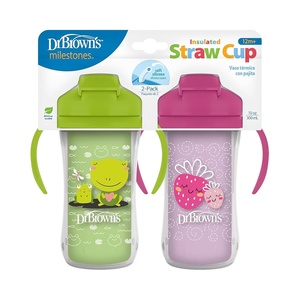 image:imageDr Browns Milestones Insulated Sippy Cup with Straw and Handles SpillProof Tumbler with Lid 2Pack Blue amp Green 10 oz300 mL BPA Free 12mGreen  Purple
