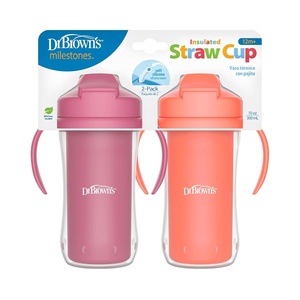 image:imageDr Browns Milestones Insulated Sippy Cup with Straw and Handles SpillProof Tumbler with Lid PinkCoral 10 oz300 mL BPAFree 12m 2PackCoral  Pink