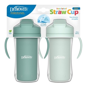image:imageDr Browns Milestones Insulated Sippy Cup with Straw and Handles SpillProof Tumbler with Lid PinkCoral 10 oz300 mL BPAFree 12m 2PackLightGreen  Green