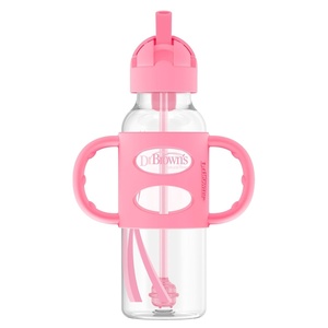 image:imageDr Browns Milestones Narrow Sippy Straw Bottle SpillProof with 100 Silicone Handles and Weighted Straw 8 oz250 mL Gray 6mPink