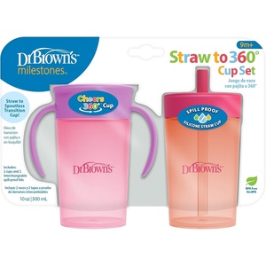 image:imageDr Browns Milestones Straw to 360 Convertible Toddler Training Cup Set with Interchangeable Silicone Straw and 360 Degree Cup Lids Blue Ocean 10 oz300 mL BPAFree 9m 2PackCoral Pink Set