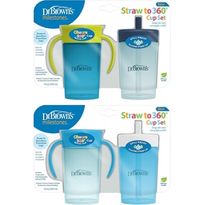 image:imageDr Browns Milestones Straw to 360 Convertible Toddler Training Cup Set with Interchangeable Silicone Straw and 360 Degree Cup Lids Blue Ocean 10 oz300 mL BPAFree 9m 2PackOcean BluesGreen Blues