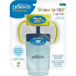 image:imageDr Browns Milestones Straw to 360 Convertible Toddler Training Cup Set with Interchangeable Silicone Straw and 360 Degree Cup Lids Blue Ocean 10 oz300 mL BPAFree 9m 2PackGreen Blue
