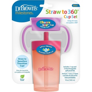 image:imageDr Browns Milestones Straw to 360 Convertible Toddler Training Cup Set with Interchangeable Silicone Straw and 360 Degree Cup Lids Blue Ocean 10 oz300 mL BPAFree 9m 2PackPink Coral
