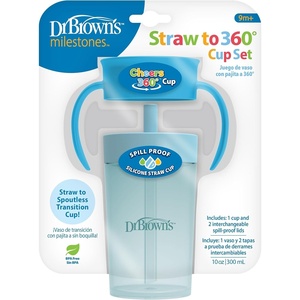image:imageDr Browns Milestones Straw to 360 Convertible Toddler Training Cup Set with Interchangeable Silicone Straw and 360 Degree Cup Lids Blue Ocean 10 oz300 mL BPAFree 9m 2PackOcean Blue