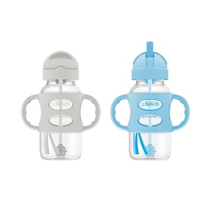 image:imageDr Browns Milestones WideNeck Sippy Straw Bottle with 100 Silicone Handles and Weighted Straw 9 oz270 mL Blue 6mGray  Blue