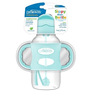 image:imageDr Browns Milestones WideNeck Sippy Straw Bottle with 100 Silicone Handles and Weighted Straw 9 oz270 mL Blue 6mGreen